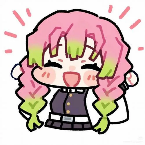 Khoảnh Mitsuri chibi la to, nét dày vui nhộn, tóc hồng xanh nổi, năng lượng bùng nổ