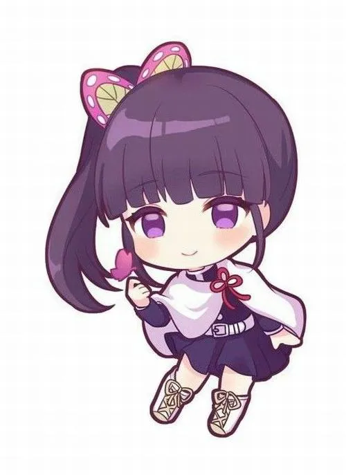 Hình Kanao chibi tóc tím, nơ bướm, ngồi nhỏ xinh, nền trắng tím nhẹ nhàng