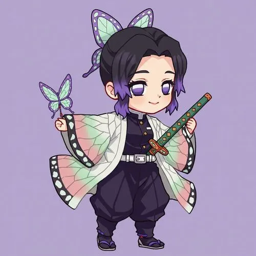Ảnh Shinobu chibi cầm kiếm, nền tím, cánh bướm sau lưng, vừa ngầu vừa cute