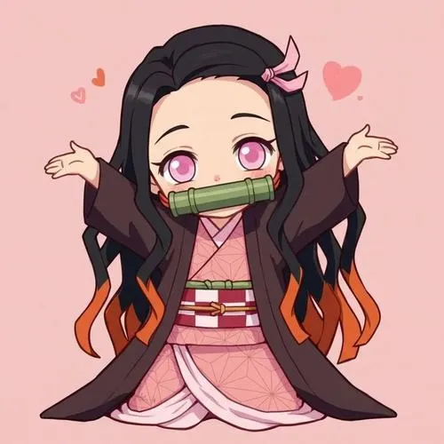 Tranh Nezuko chibi dang tay, kimono hồng, ống tre xinh, vibe ôm trọn cả ngày vui