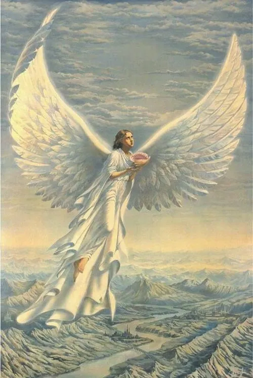 Gió lướt qua áo choàng khi thiên thần tỏa ánh sáng dịu