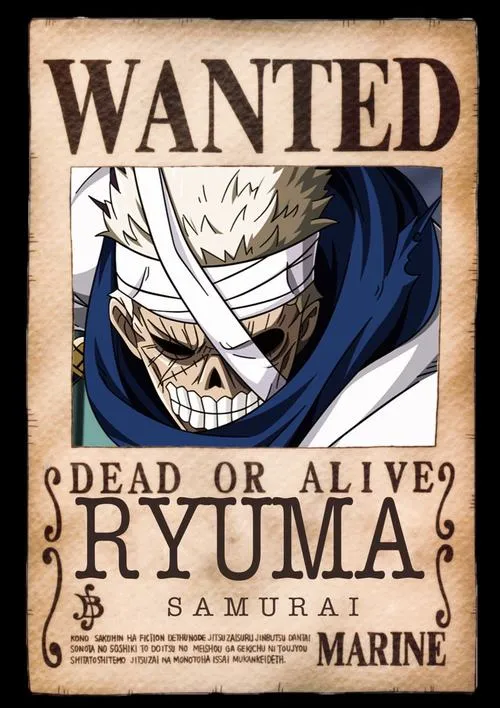Ảnh Ryuma truy nã, kiếm sĩ bí ẩn, gương mặt lạnh, vibe samurai, khung giấy cũ nhìn rất đã