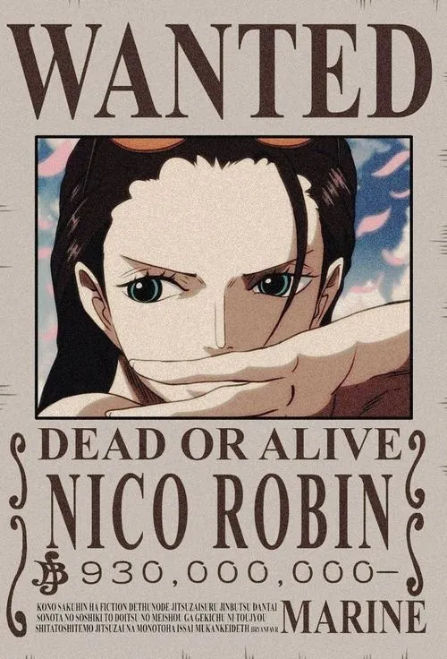 Ảnh Nico Robin áp phích truy nã, ánh nhìn lạnh và bí ẩn, tiền thưởng Berry cao, dấu Hải quân rõ