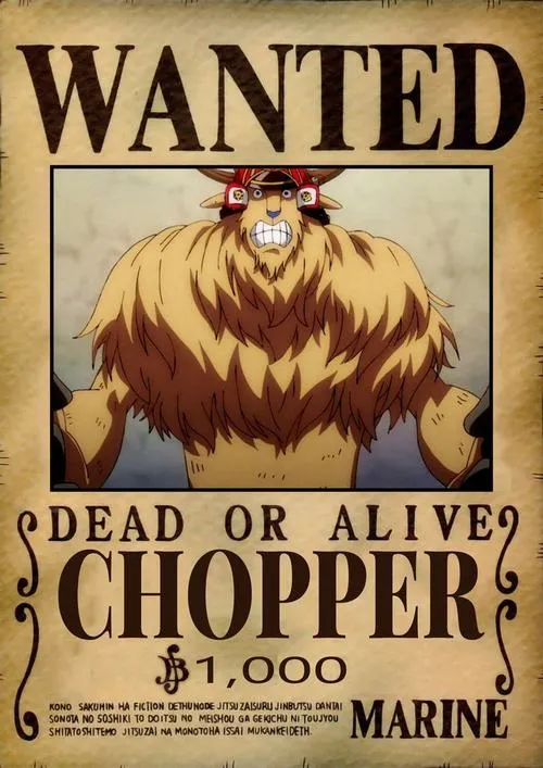 Ảnh Chopper truy nã đáng yêu, tiền thưởng nhỏ gây cười, khung giấy ố vàng, hợp avatar anime dễ thương