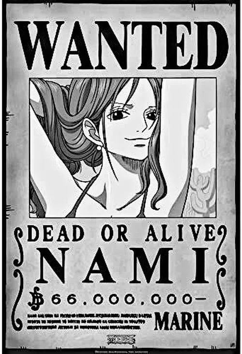 Hình Nami truy nã trắng đen, gương mặt cứng cỏi, bố cục dọc cổ điển, hợp làm avatar ngầu