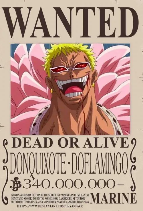 Ảnh Donquixote Doflamingo truy nã, nụ cười nham hiểm, sắc hồng nổi bật, vibe phản diện cực ngầu