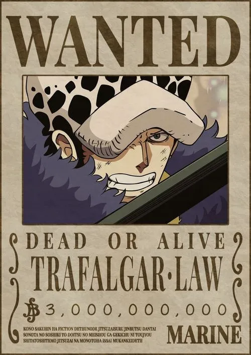 Hình Trafalgar Law truy nã, nụ cười nửa miệng đầy tính toán, mũ lông nổi bật, vibe nguy hiểm
