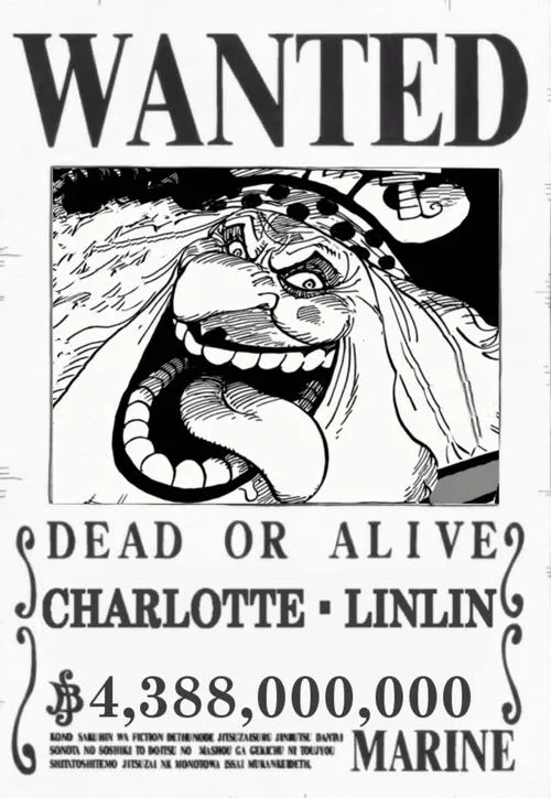 Ảnh fanart Charlotte Linlin truy nã trắng đen, ánh mắt điên cuồng, cảm giác đe dọa khiến dân chúng rén