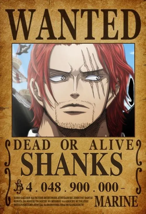 Hình Shanks truy nã, tóc đỏ lạnh lùng, aura tứ hoàng áp đảo, khung giấy cũ nhìn cực có số má