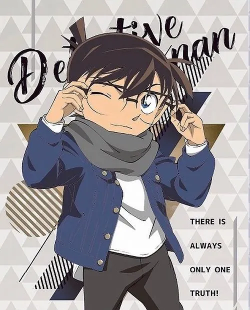 Ảnh Conan mặc áo hoodie xám, tay chống cằm, nền chữ viết nguệch ngoạc kiểu nhật ký