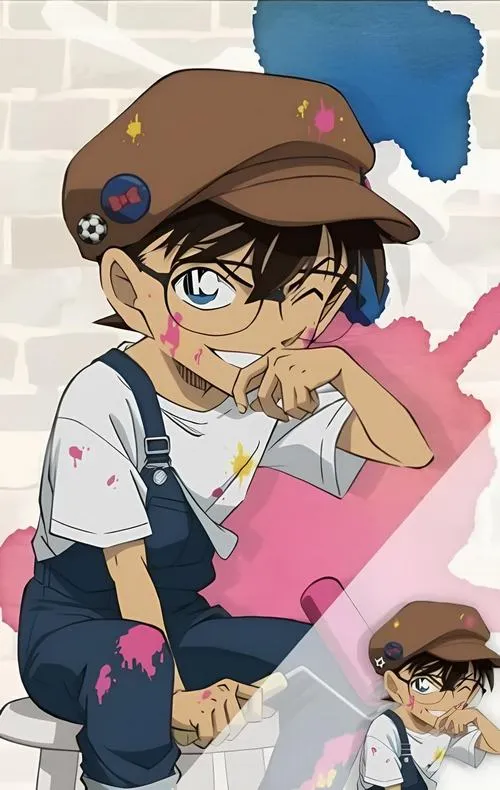 Hình nền nhóc suy luận mặc áo khoác xanh, nền xanh dương trơn, nhìn gọn gàng đáng mến