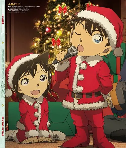 Hình nền thám tử nhí mặc đồ Noel đứng cạnh bạn, ánh đèn vàng làm khung hình rất ấm