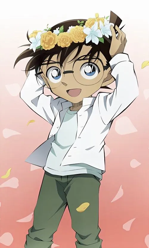 Hình nền Shinichi thu nhỏ giơ tay tạo dáng, nền trắng kem, cảm giác trong trẻo như tranh sổ tay