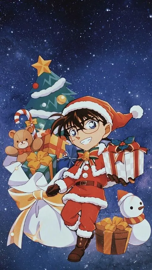 Ảnh fanart thám tử nhí mặc đồ Noel, ôm quà và cây thông, vibe ấm áp dễ thương