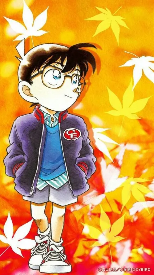 Hình nền cậu bé thám tử giữa lá vàng rơi, áo khoác đỏ, vibe mùa thu dịu ngọt