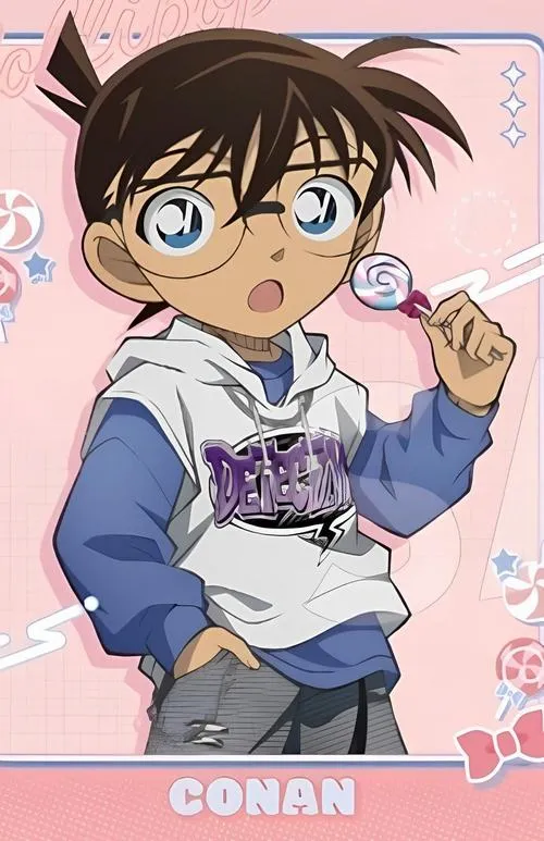 Ảnh Conan tạo dáng kiểu poster hồng pastel, mắt long lanh, hợp làm ảnh đại diện