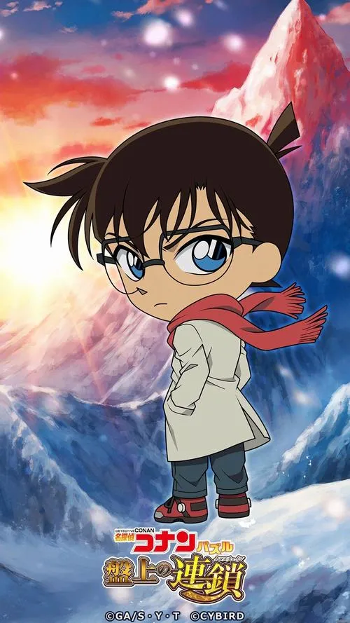 Hình nền nhóc suy luận trước nền trời hồng tím, khăn choàng bay nhẹ, nhìn rất mơ mộng