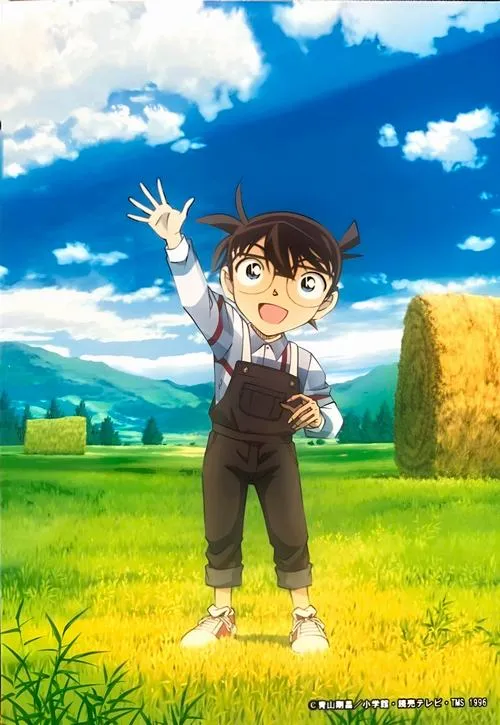 Hình nền cậu bé thám tử đứng giữa đồng cỏ xanh, trời cao trong, cảm giác trong trẻo