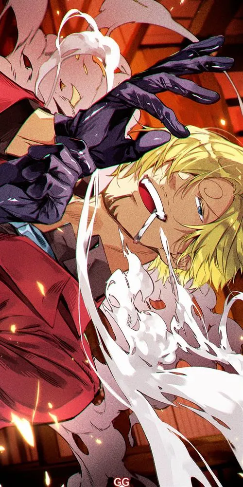 Ảnh Sanji đứng trên boong Sunny, áo vest đen, tóc che mắt, gió biển thổi mạnh, thần thái ngầu