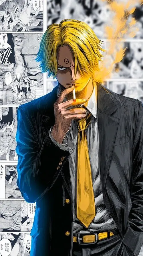 Ảnh Sanji cầm điếu thuốc, ánh mắt bình tĩnh, tông màu ấm, hợp làm avatar anime đẹp và sắc nét