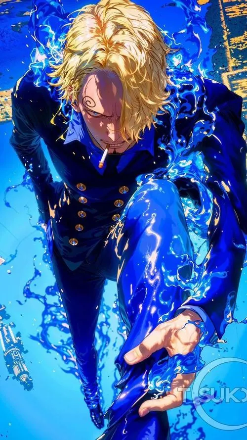 Ảnh Sanji dùng Diable Jambe, ngọn lửa cam quấn quanh chân, tư thế đá gọn, nền khói bụi chiến trường