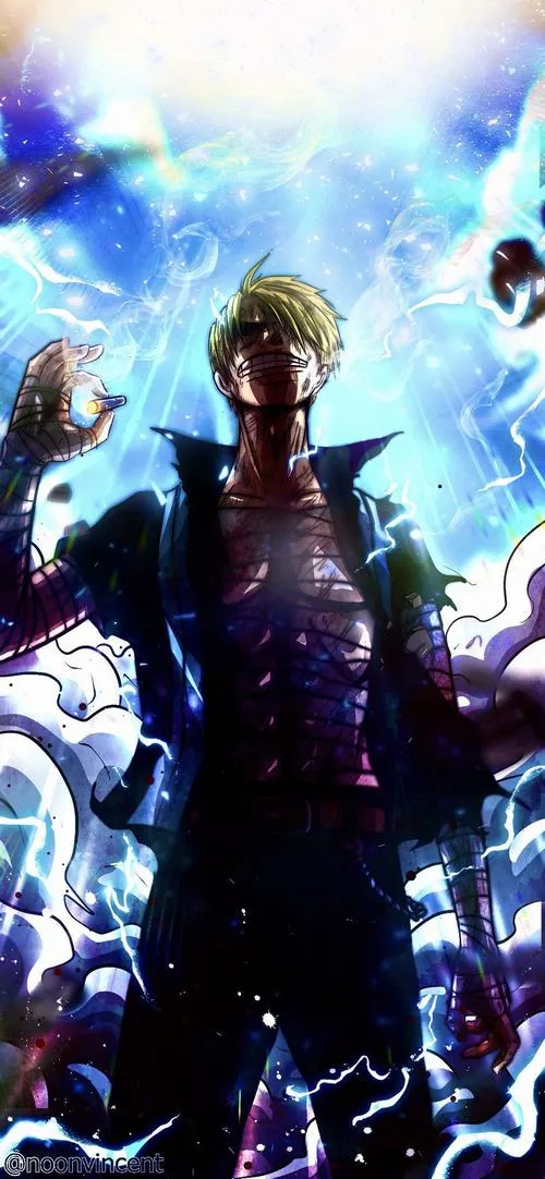 Hình anime Sanji chỉnh cà vạt, vest lịch lãm, nền tối, điểm sáng ở mắt, hợp ảnh bìa trang cá nhân