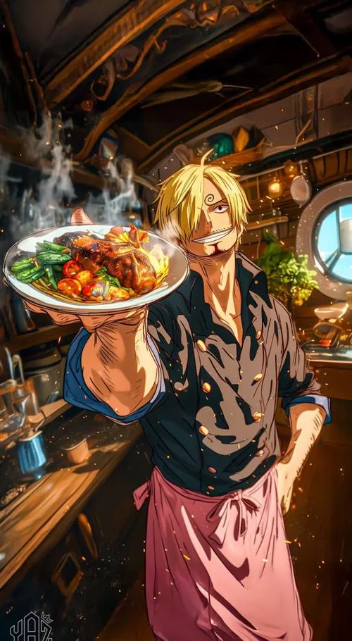 Hình anime Hắc Cước Sanji dùng Haki Quan sát, nền mờ, ánh nhìn tập trung như đang nghe tiếng động xa