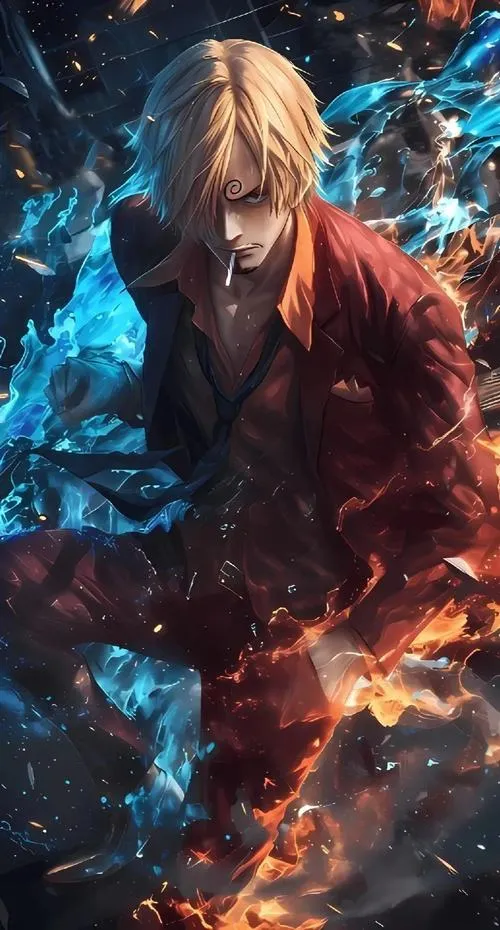 Ảnh fanart Sanji và Zeff Chân Đỏ trong bếp Baratie, ánh đèn vàng, tình thầy trò rất ấm