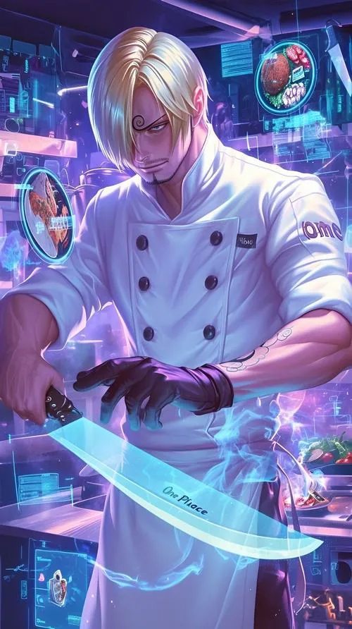 Ảnh Sanji với bộ suit trắng, tư thế lịch thiệp, nền thành phố, nét vẽ tinh gọn, nhìn rất đẹp