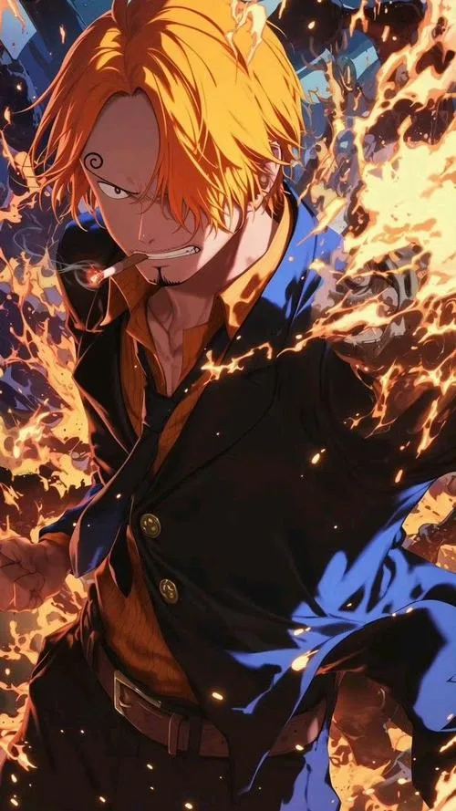 Hình anime Sanji cận cảnh bật lửa, khói mỏng, ánh nhìn sâu, hợp ảnh bìa tối giản