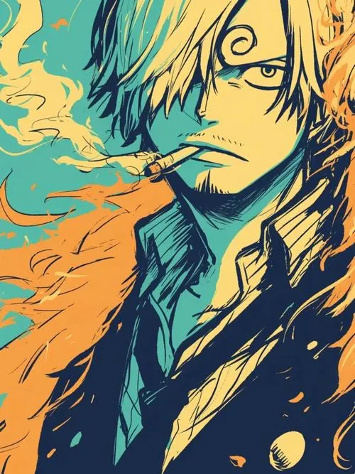 Ảnh Sanji đá cháy với Diable Jambe, tia lửa văng, nền tối, đường nét rõ và rất ngầu