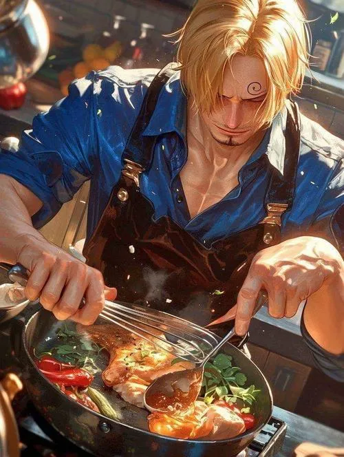 Ảnh fanart Sanji trong bộ đồ Germa, ánh thép lạnh, biểu cảm cứng, nhưng vẫn còn nét người