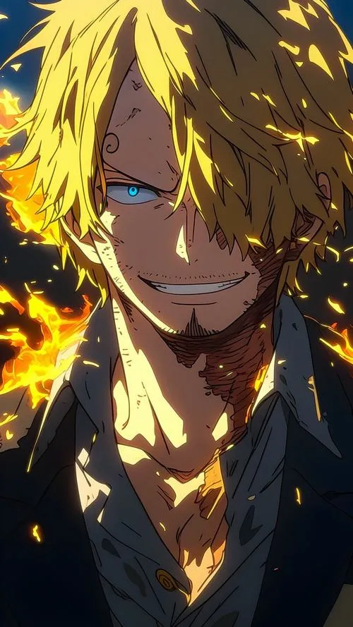 Ảnh Sanji đứng trước biển All Blue tưởng tượng, cá bơi lấp lánh, màu xanh lam mơ màng