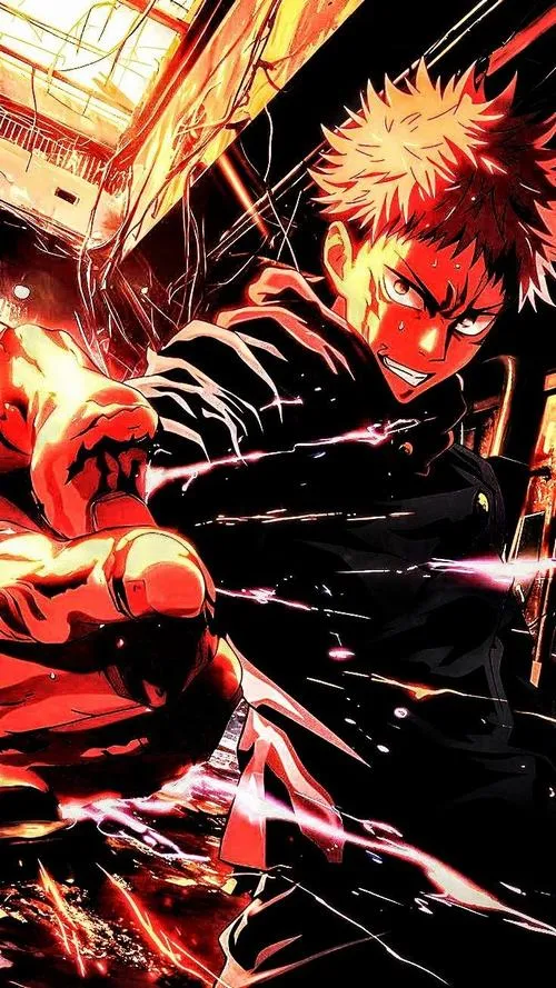 Hình Yuji Itadori tóc hồng, đồng phục chú thuật, ánh mắt kiên định giữa nền đô thị u ám