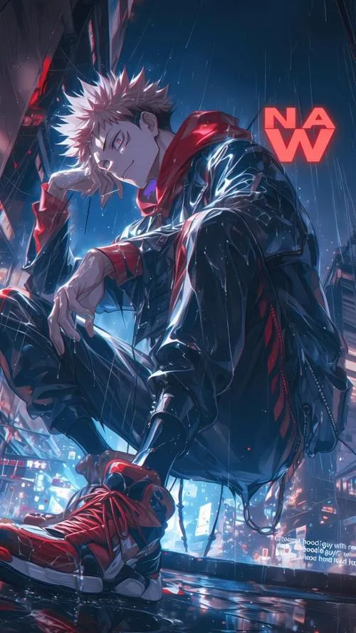 Hình Yuji Itadori chạy băng qua phố tối, tốc độ và phản xạ bật lên, vibe hành động rõ nét