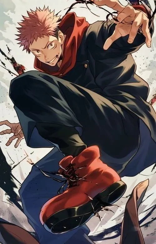 Hình nền Yuji Itadori giữa khói bụi, đường khâu áo khoác nổi, cảm giác điện ảnh u tối