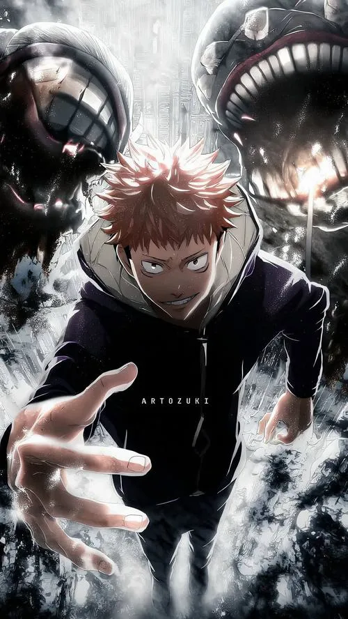 Ảnh nền Yuji Itadori cận chiến áp sát, nắm đấm bọc chú lực, vệt trầy xước cực thật