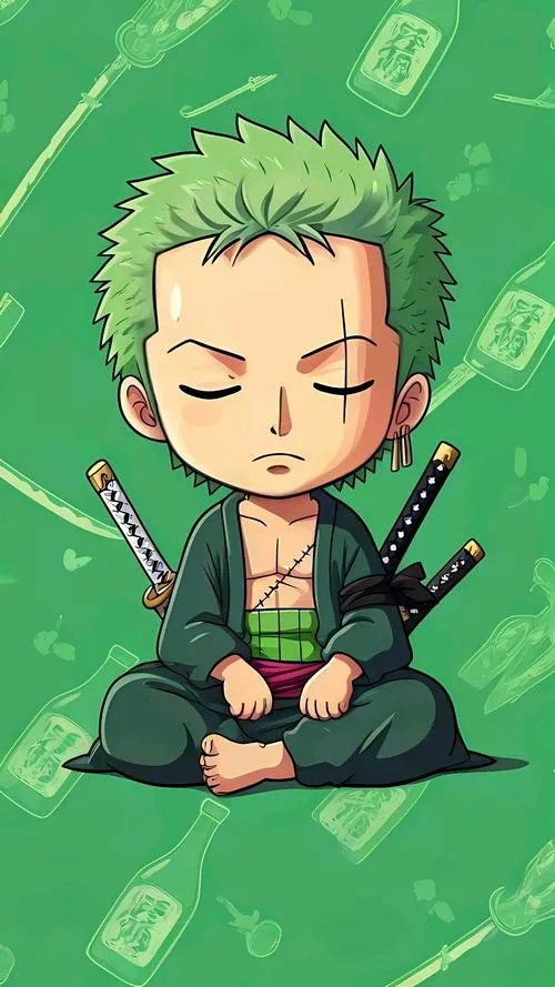 Hình nền Zoro chibi nền đơn sắc, tóc dựng nhọn, ba kiếm gọn khung, cực hút mắt