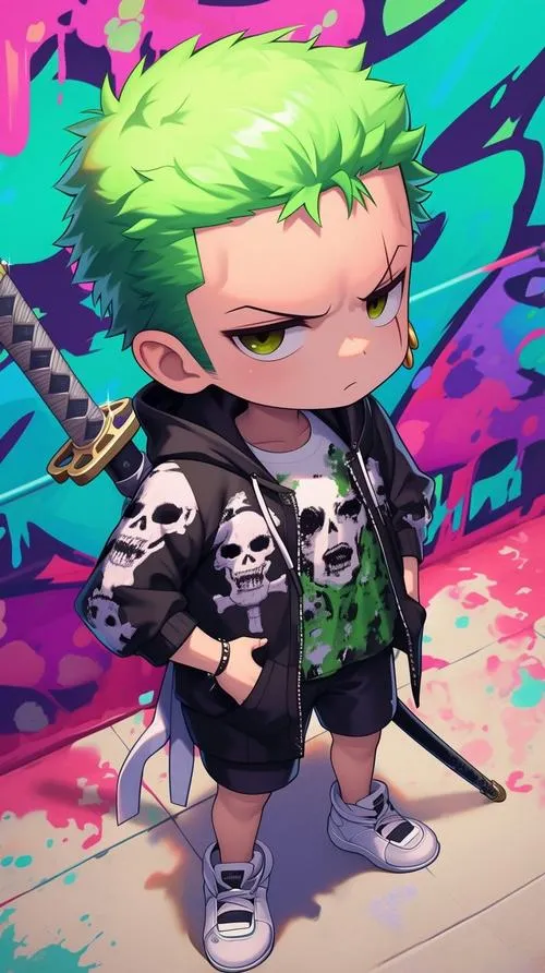Ảnh Zoro chibi ngầu kiểu dễ thương, tạo dáng thủ thế, kiếm katana làm điểm nhấn