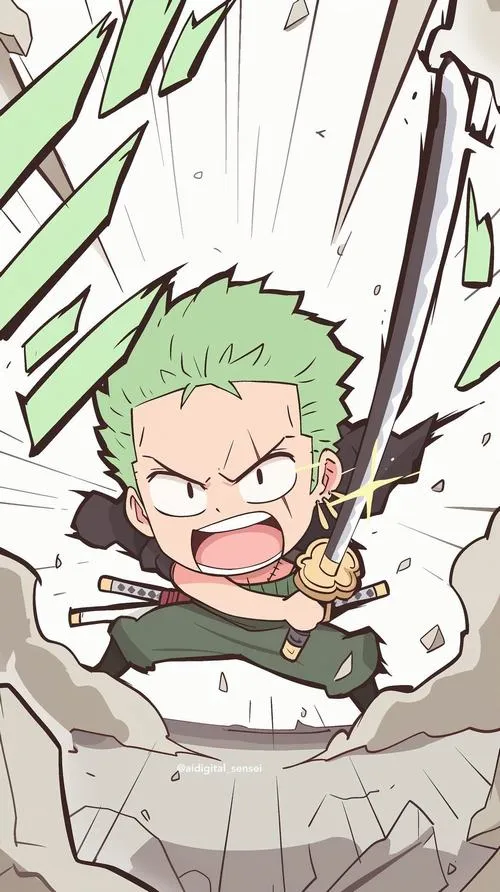 Tranh Zoro chibi màu xanh chủ đạo, biểu cảm lì lợm, hợp làm hình đại diện