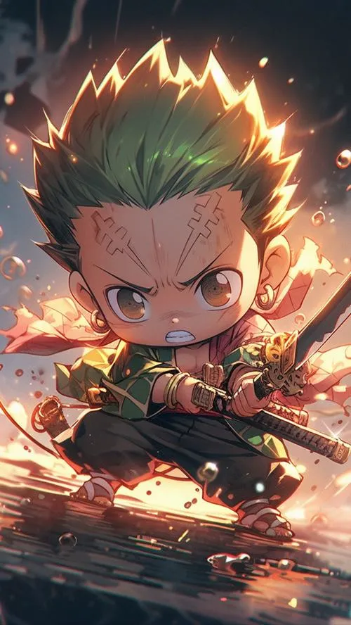 Hình Zoro chibi phong cách pastel nhẹ, vẫn giữ bandana xanh và khí chất kiếm sĩ