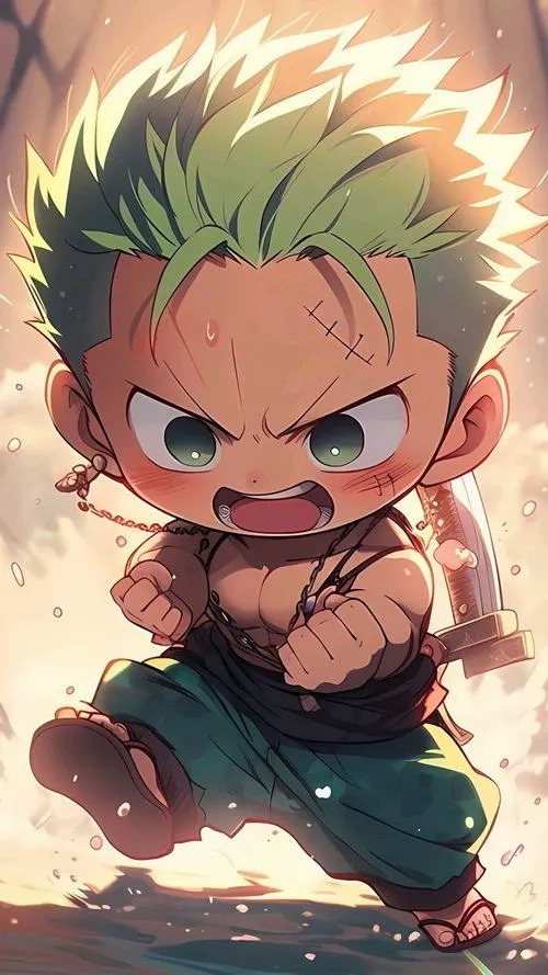 Ảnh Zoro chibi phiên bản kimono xanh, dáng đứng chắc, nhìn nhỏ mà có võ