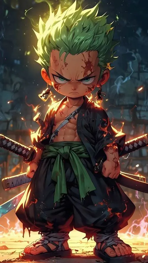 Ảnh Zoro chibi chibi hóa Tam kiếm phái, đường nét gọn, hợp làm sticker chat