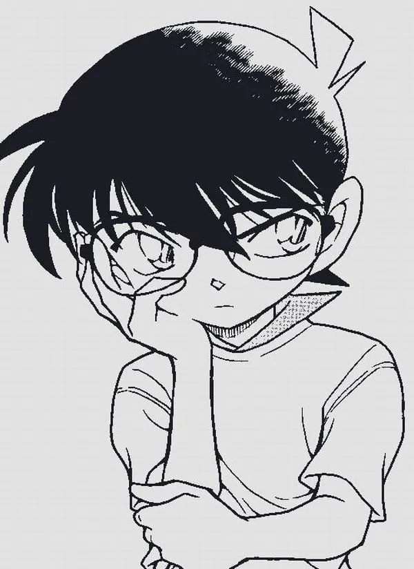 Conan khoanh tay, ánh nhìn nghiêm, tóc tô đen dày tạo khối rõ. Tổng thể gọn, hợp kiểu luyện đi nét và đổ bóng cơ bản.