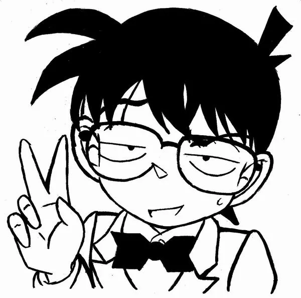 Conan cận mặt, tóc đen đậm, mắt lim dim kiểu tinh quái, giơ tay ký hiệu chiến thắng. Nét dày, phong cách hài hước, dễ vẽ nhanh.