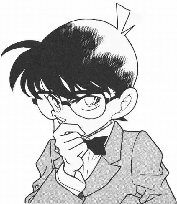 Conan bán thân, đeo nơ, tay đặt gần cằm như đang suy luận. Tóc được tô đậm, tạo tương phản mạnh với gương mặt sáng.