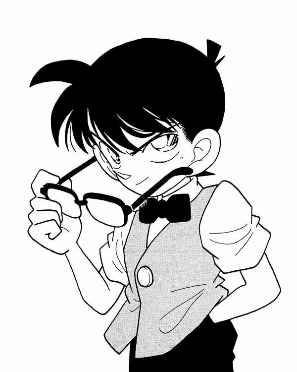 Conan tóc tô đen đậm, tay cầm kính, nơ lớn nổi bật. Tương phản trắng đen rõ ràng, hợp luyện mảng tóc và nét viền dứt khoát.