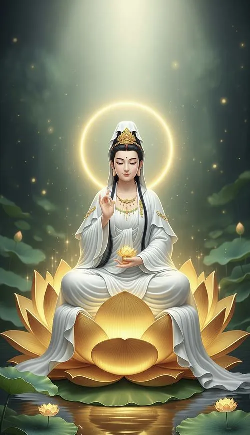 Tạo bố cục chính diện cho Phật Bà Quan Âm Bồ Tát trầm tĩnh