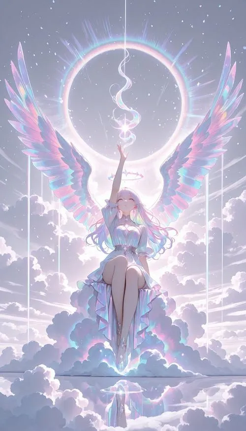 Khung cảnh ảnh thiên sứ anime trôi giữa bầu trời mơ màng xanh