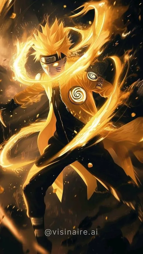 Hình Naruto trong lớp chakra vàng xoáy, đường sáng bay quanh, bố cục gọn hợp màn hình khóa.